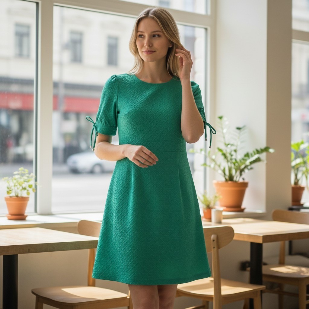 NWT Tommy Hilfiger Textured Puff Sleeve Shift Dress Size 10 Green Quiet Luxury