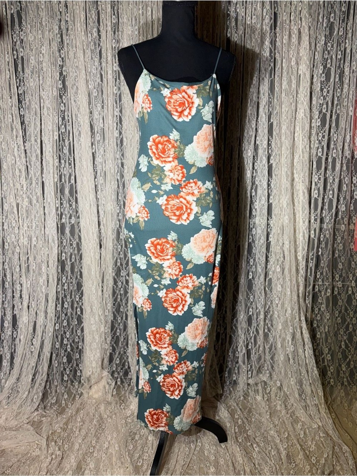 Floral Slip Maxi Dress — Teal with Coral Bloom