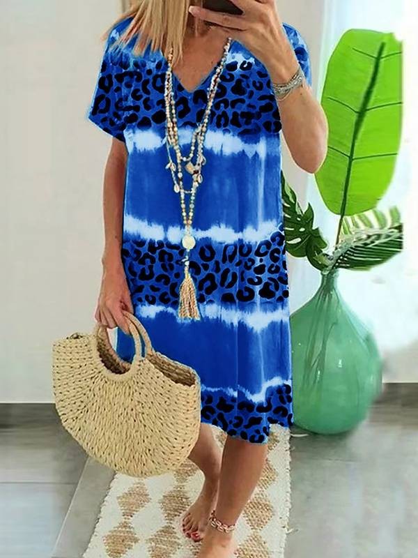 Womens V Neck Tie Dye Leopard Casual T-Shirt Dress Summer Short Sleeve Dresses
