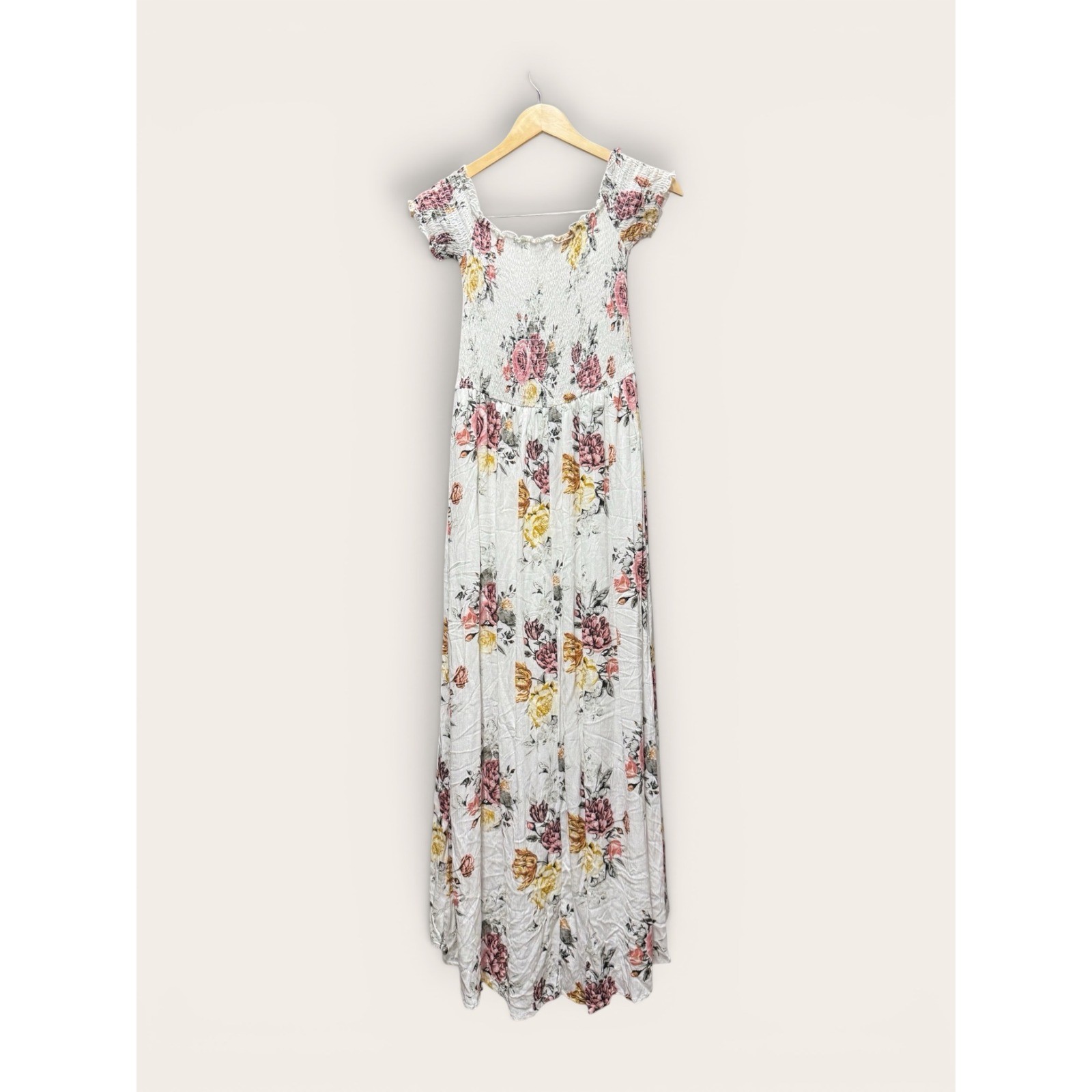 J for Justify Floral High Low Maxi Dress Small White Pink Yellow Smocked Slit