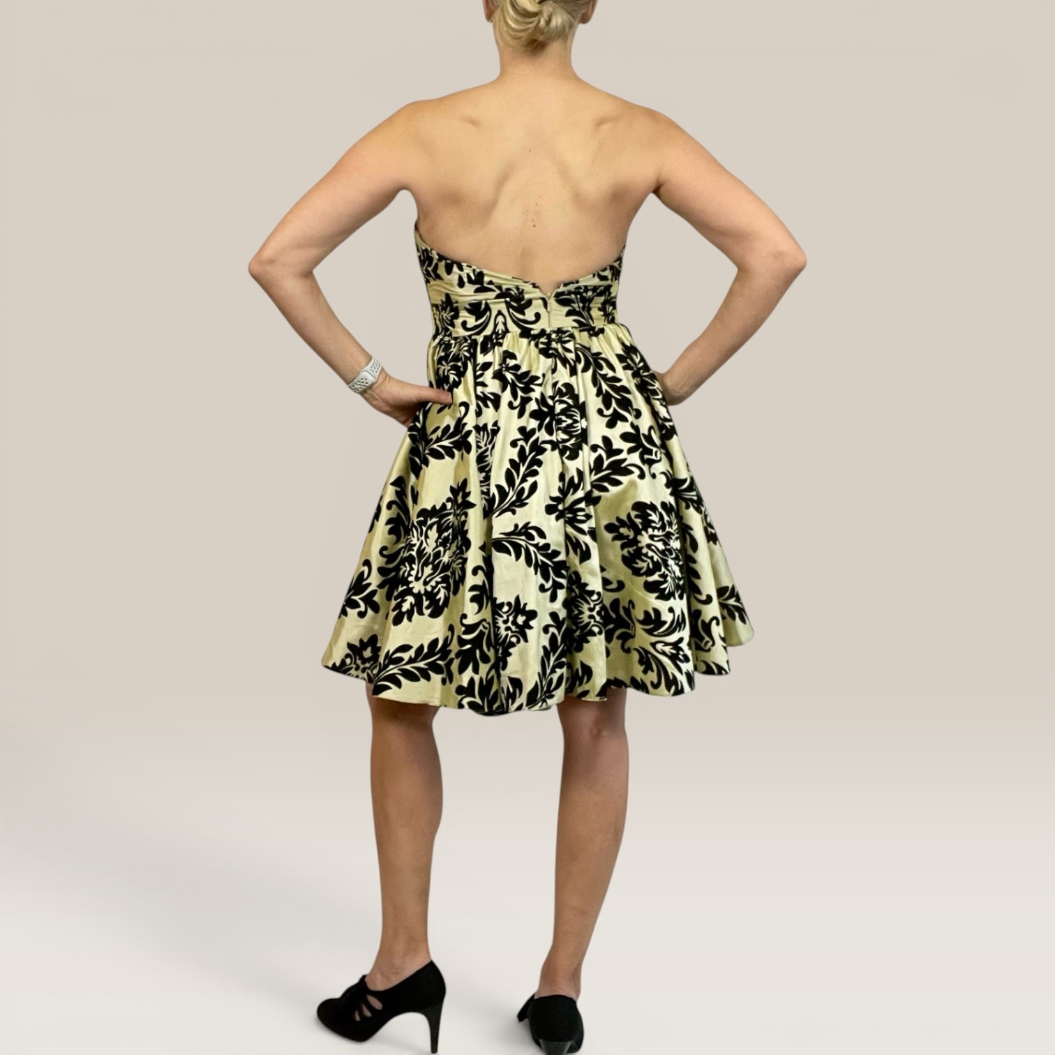 Atelier Alyce 2008 Satin Rouge Damask Strapless Mini Dress 12 NWT Pockets