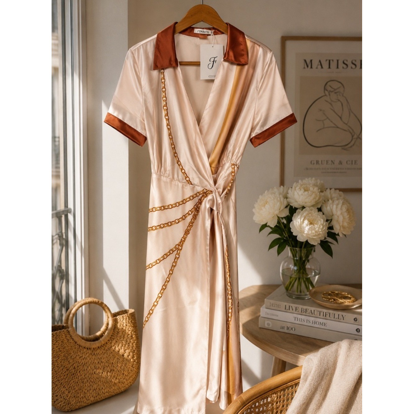 Fehaute Satin Chain Print Wrap Midi Dress NWT Size 6 Neutral Resort Luxe