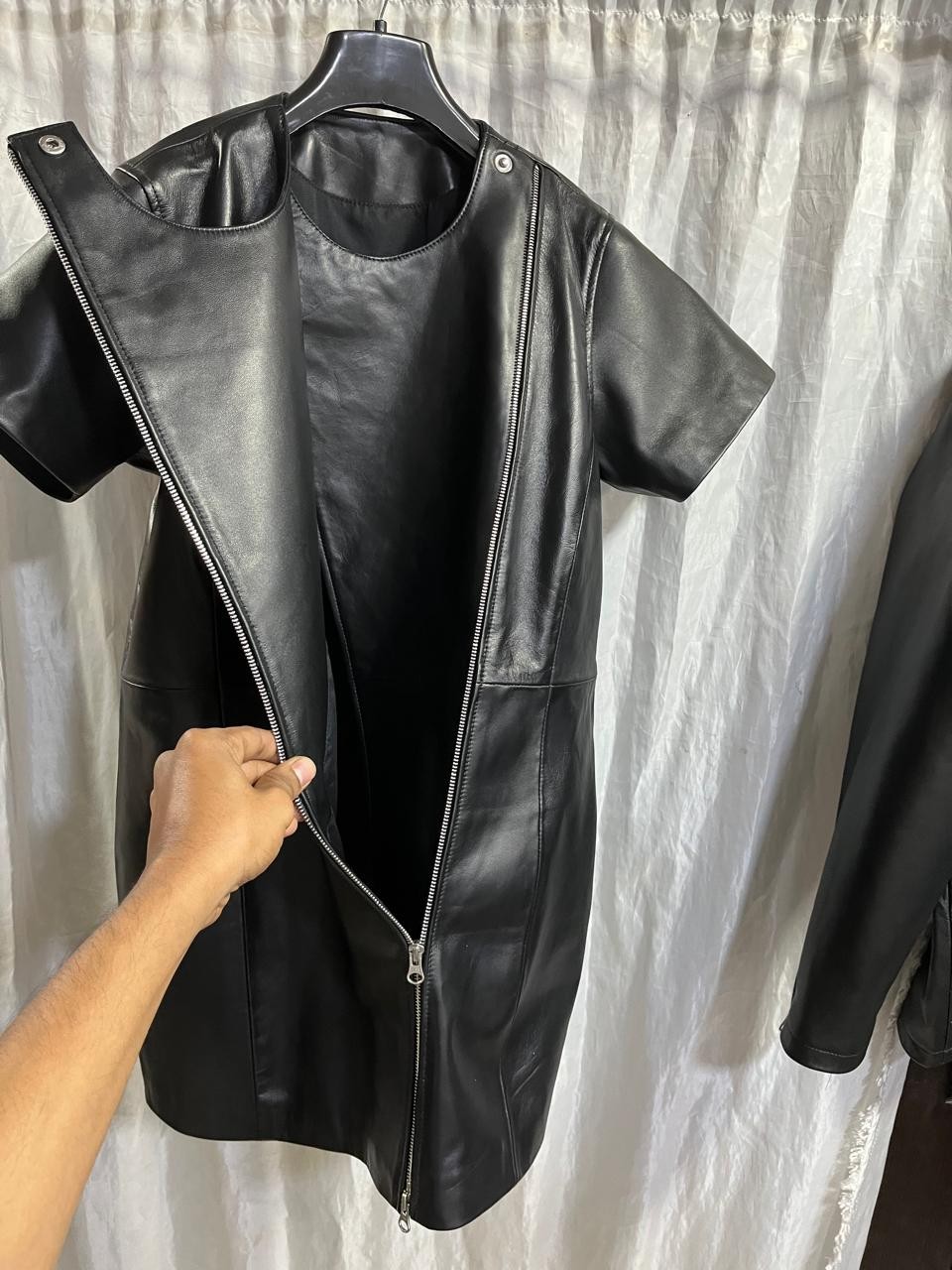 Womens Black Crop Double Zip Leather Dress. Real Sheepskin Slim Fit Casual Dress