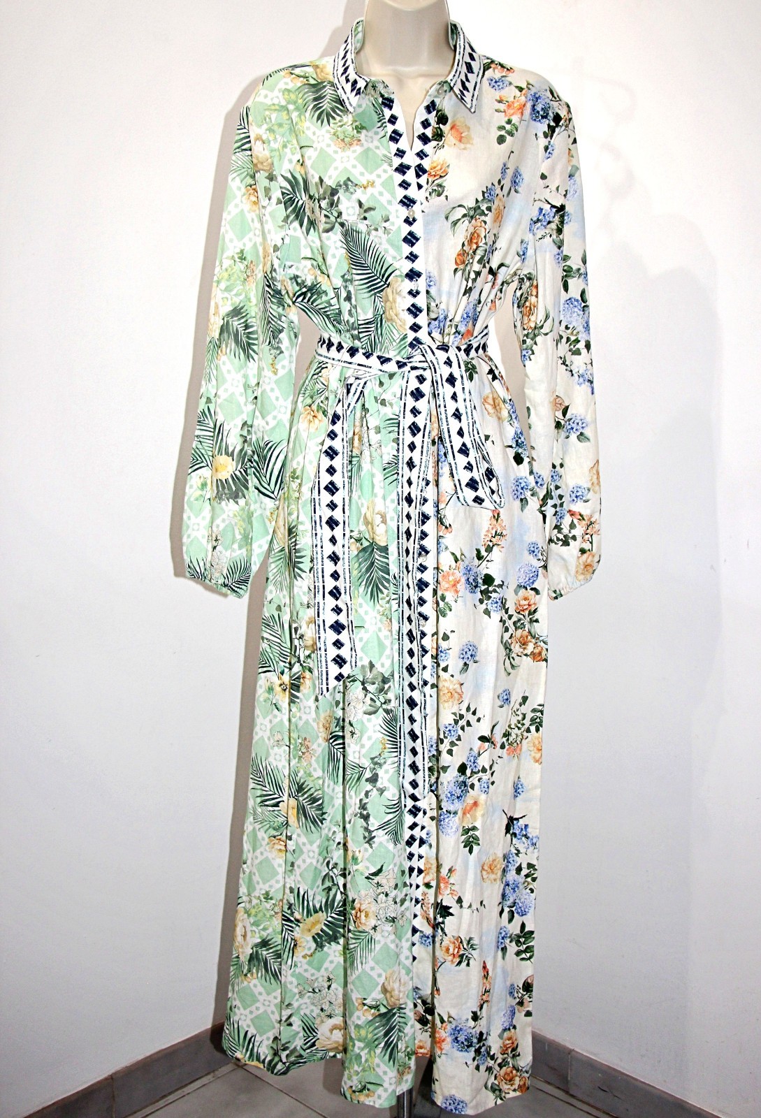 Magaschoni Linen Blend Button Front Pockets Belted Maxi Shirt Dress sz L $228