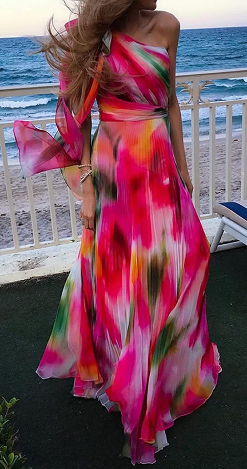 Women’s Chic One Shoulder Tie-Dyed Pleated Accordion A-Line Maxi Long Dress
