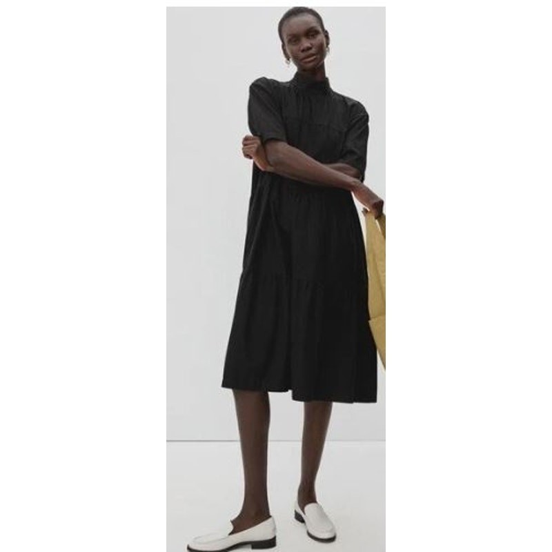 Everlane Small Mock Neck Tiered Midi Dress Black Cotton Side Pocket