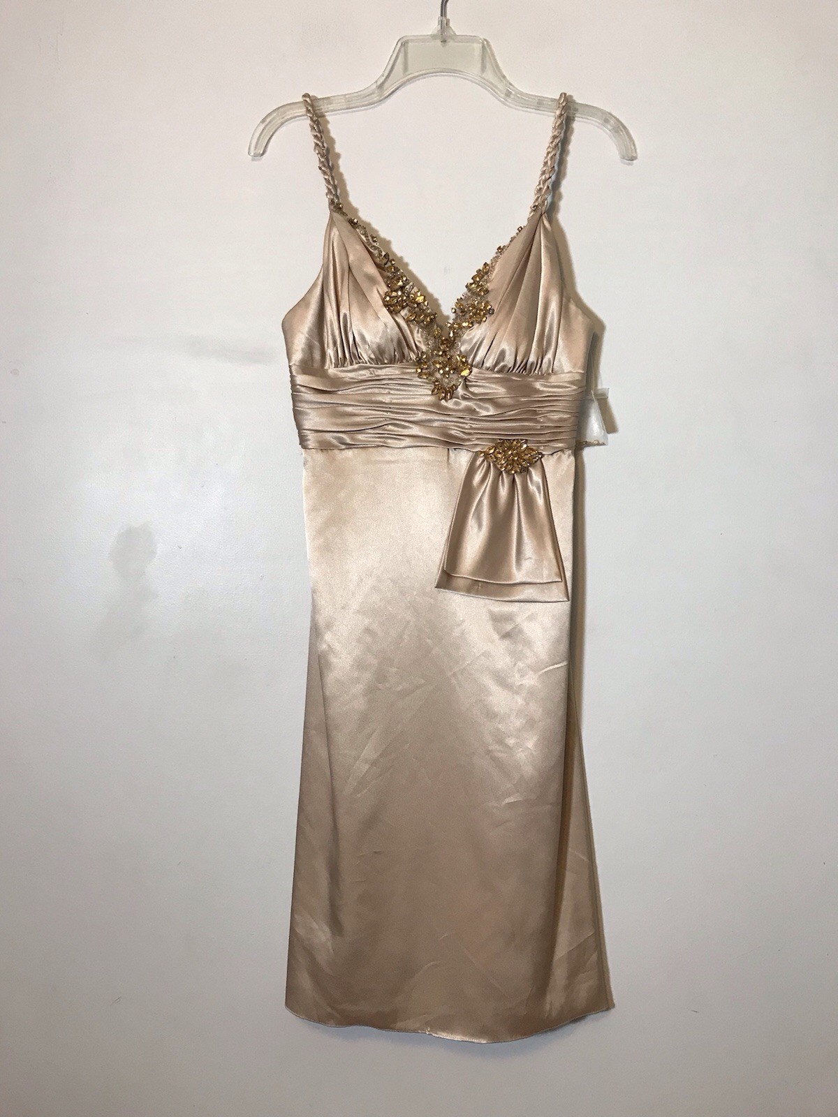 Vintage Y2K Crystal Embellished Satin Champagne Ruched Mermaid Rope Dress 6