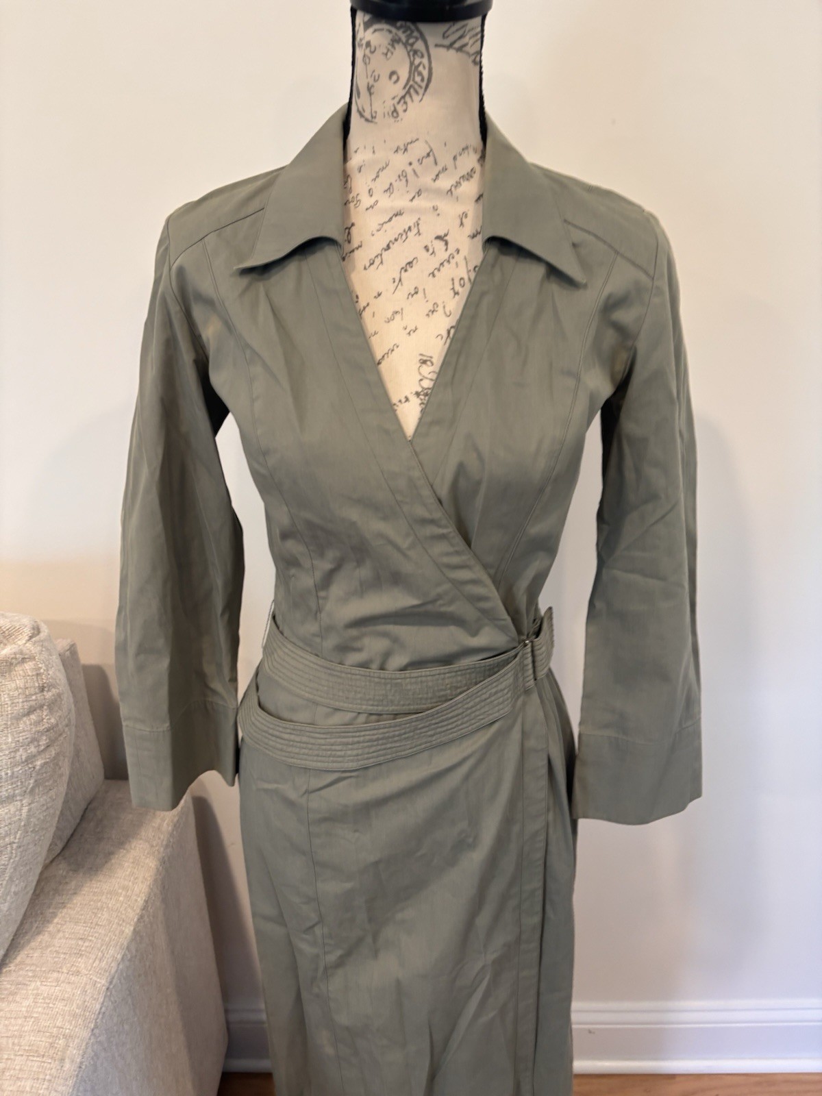 Vintage 1990s Thierry Mugler olive green wrap trench dress size FR 38/US 6