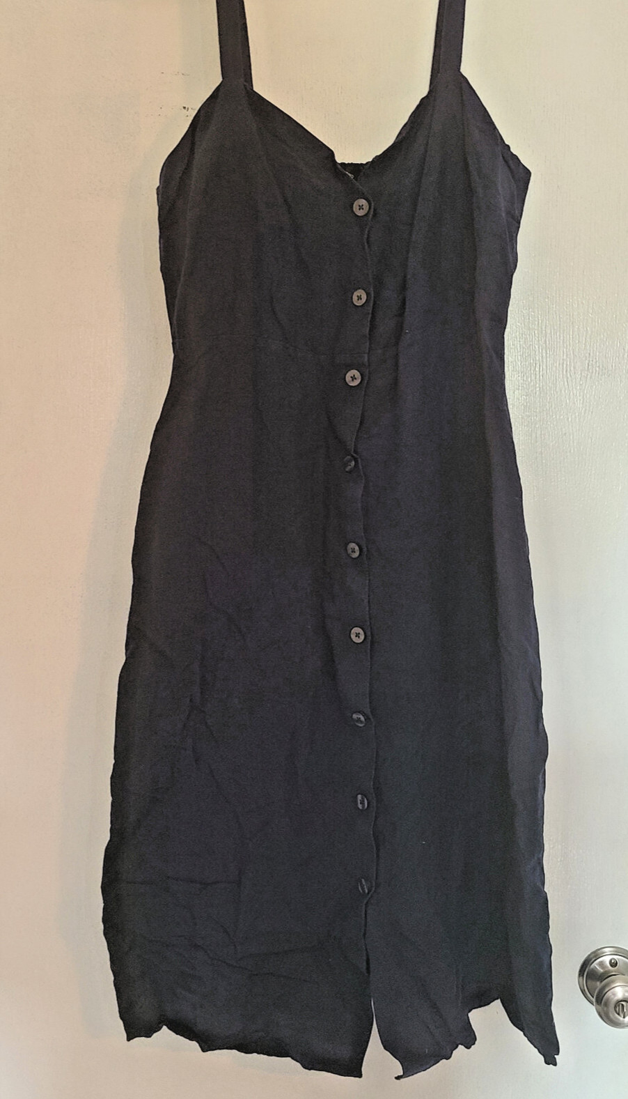 Women Navy Blue Medium Lucky Brand Maxi Button Front Dress 55% Linen 45% Viscose