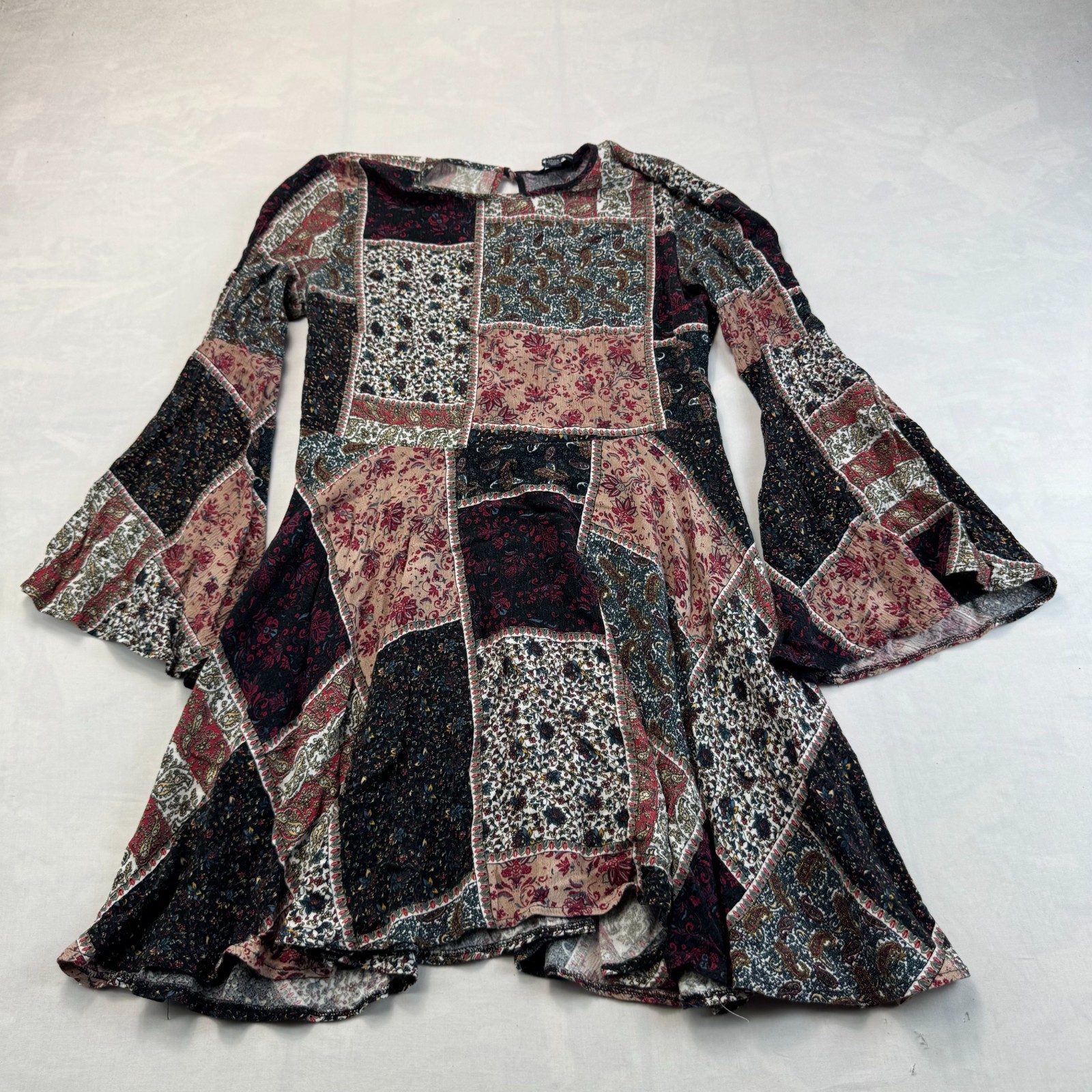 American Eagle Mini Dress Women Small Multi Floral Paisley Patchwork Bell Sleeve