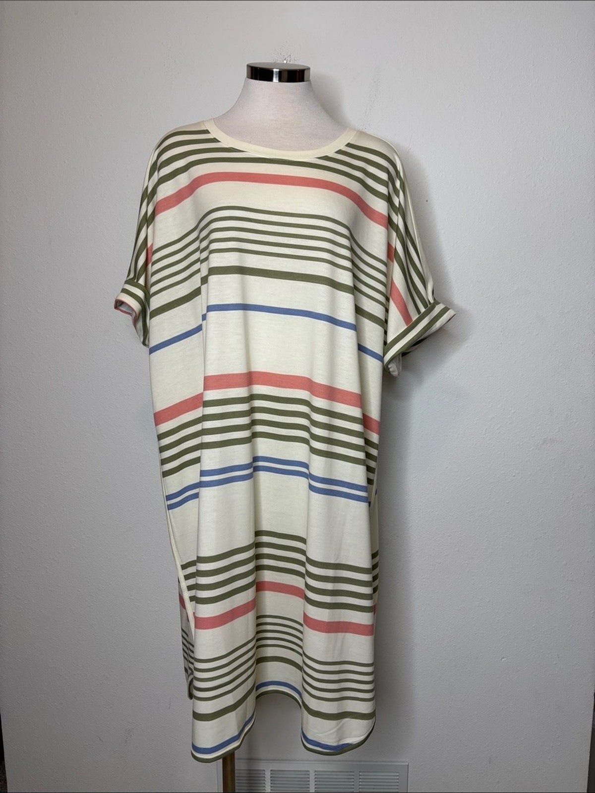 new directions Cream Midi T-Shirt Dress with Olive, Coral & Blue Stripes