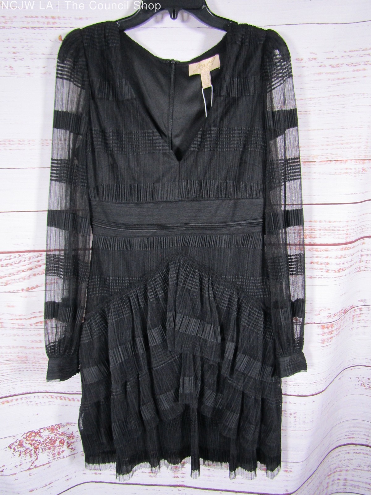 Jewel Badgley Mischka Women’s Black Textured Stripe Long Sleeve Tiered Cocktail