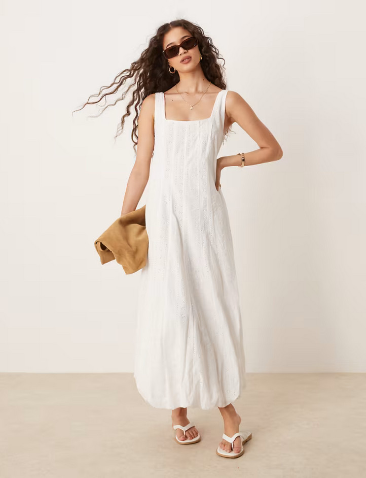 NWT MANGO MNG $150 WHITE EYELET SQUARE NECK BUBBLE HEM DRESS SZ S US 4