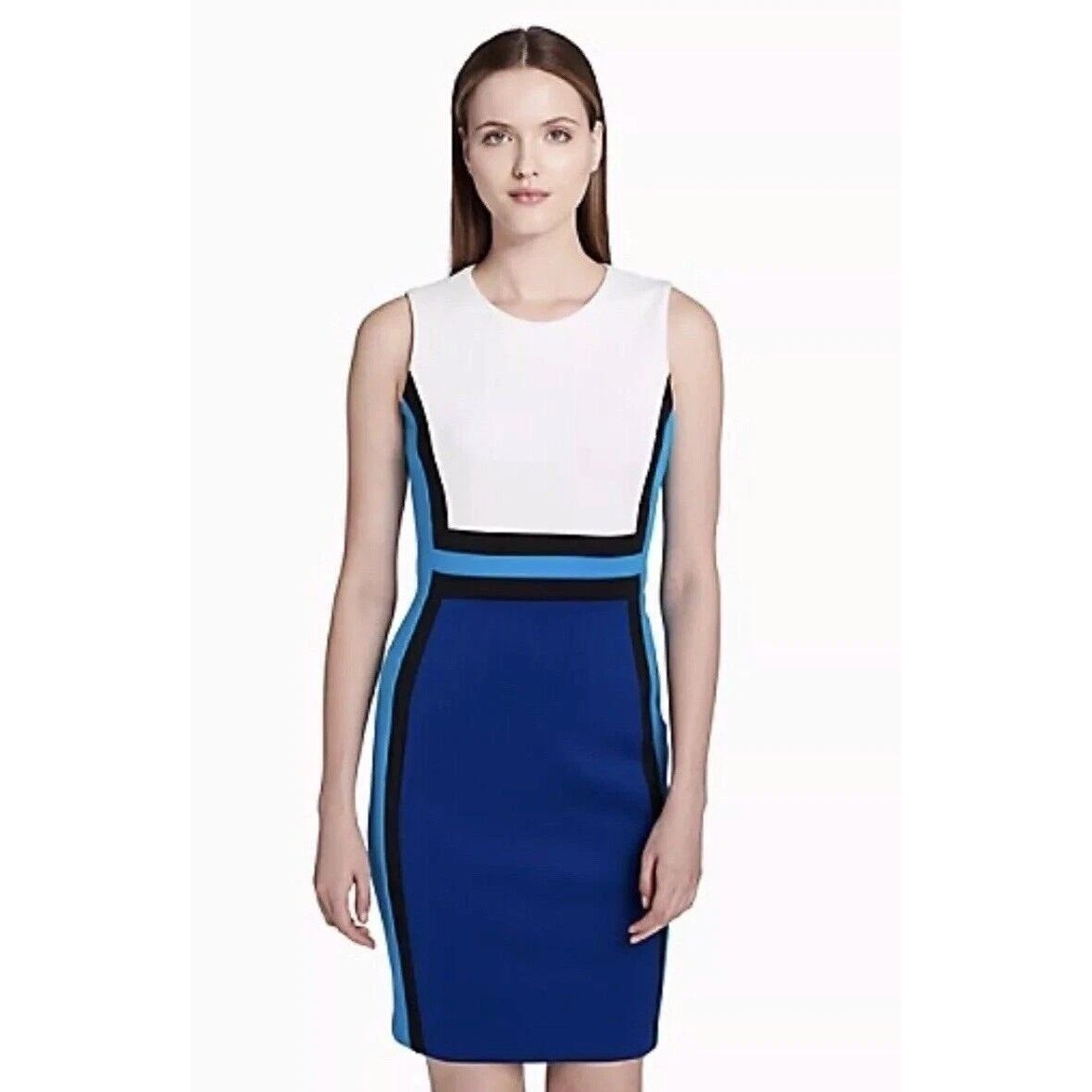 Calvin Klein Women’s Sheath Dress Midi Blue Green White Scuba Size 18W