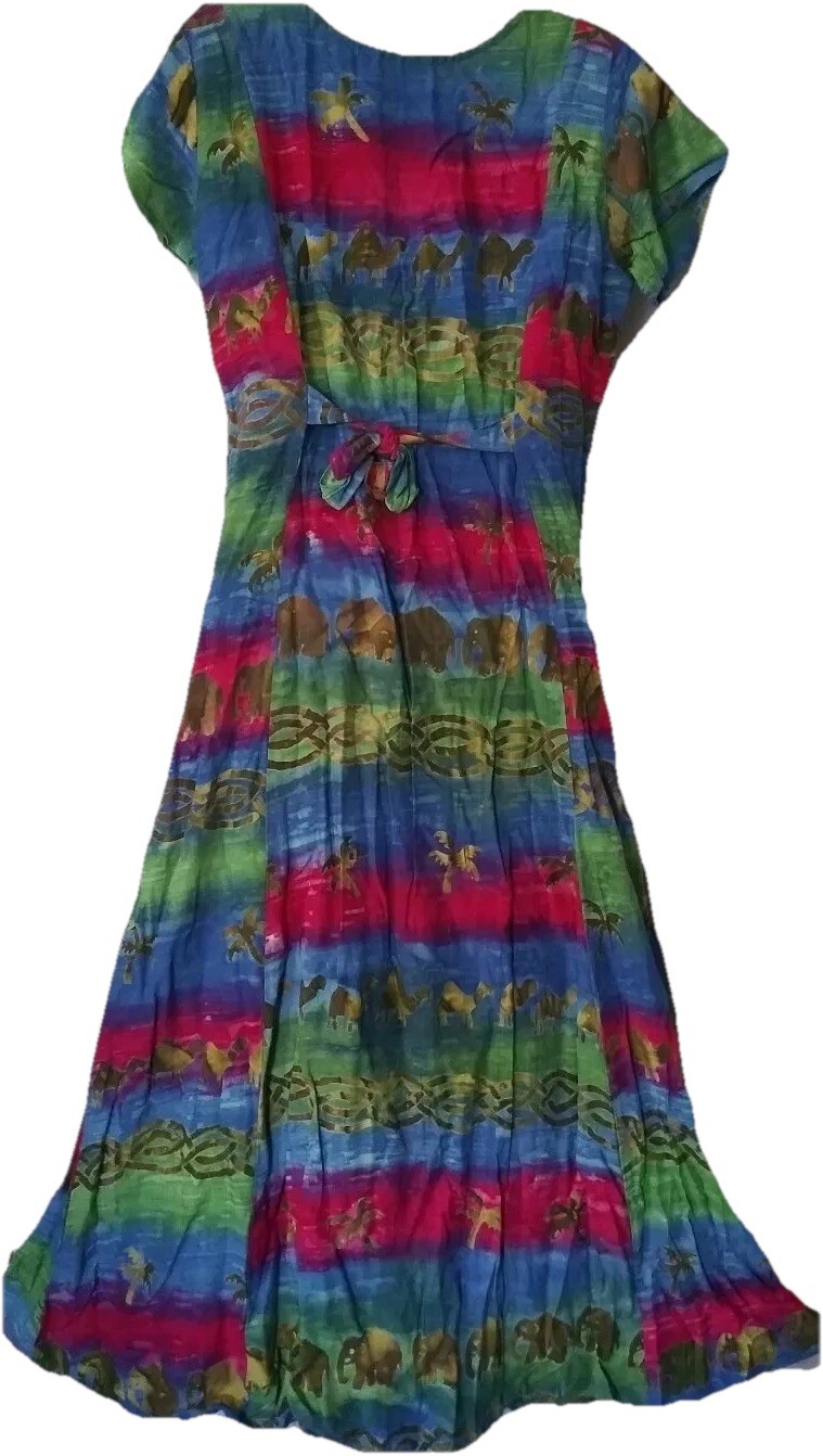 Vintage Batik Dress M Flowy Rayon Boho Hippie Festival Midi Sundress Elephants