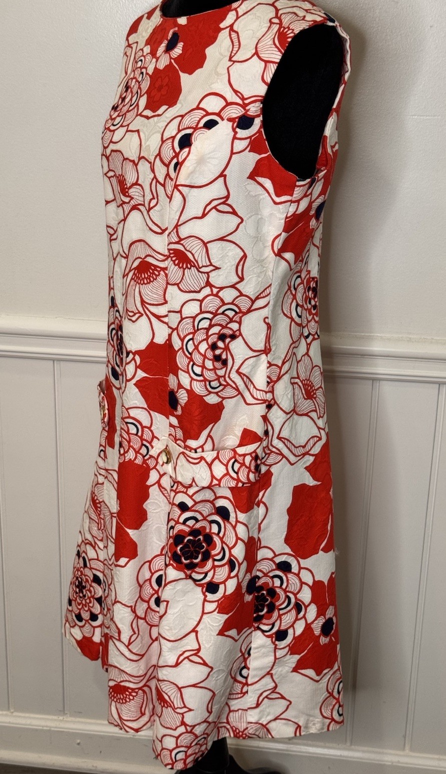 Vintage Miami Dress Shift M Red Floral Mod 60s Retro Mad Men USA