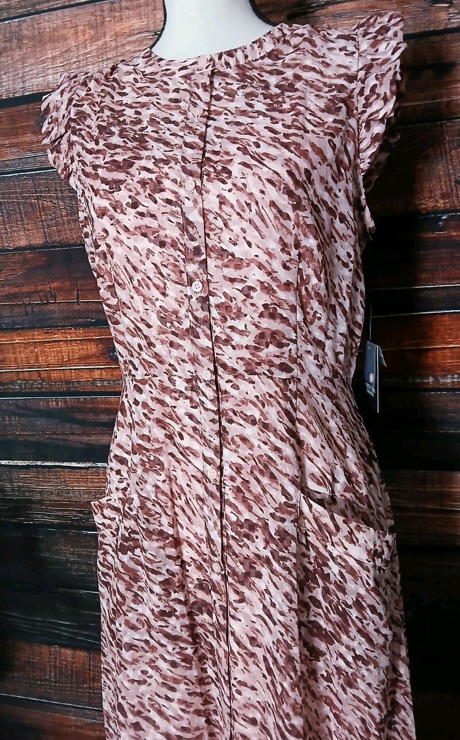 Simply Vera Wang Midi Dress M Button Down Abstract Ruffle Sleeve Pink NWT