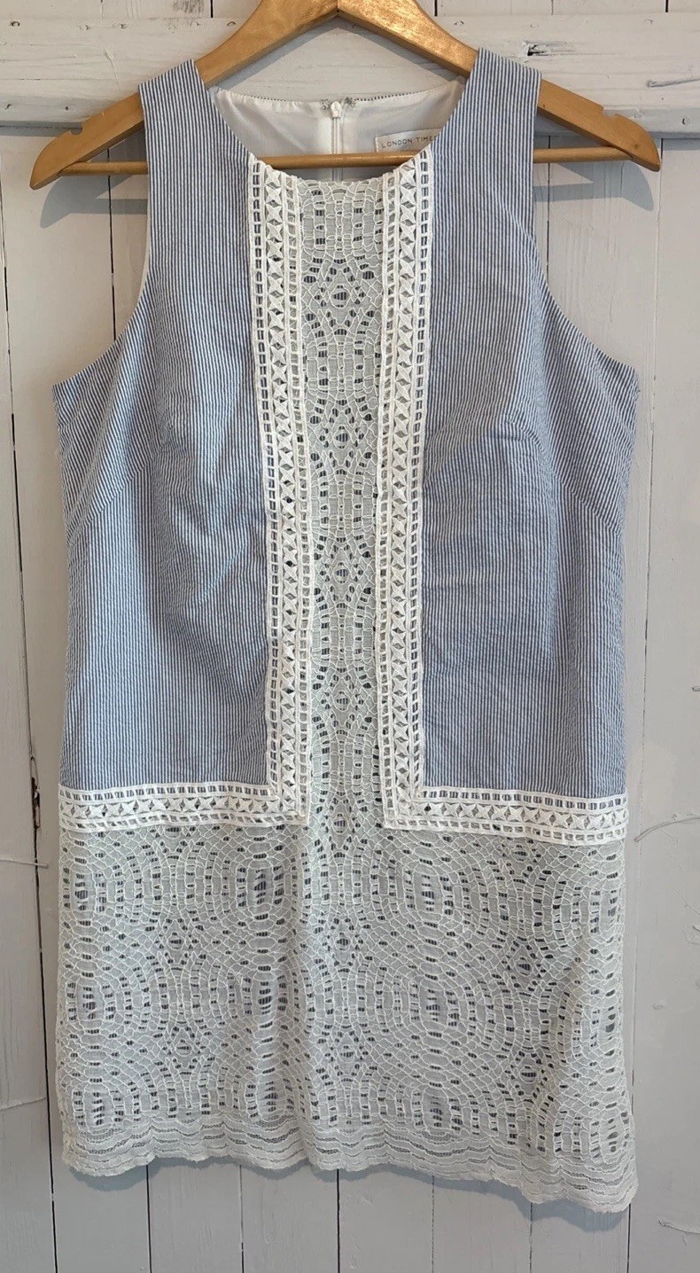 London Times Women’s Sz 10 Blue/White Stripe Dress Lace Accent Front & Bottom
