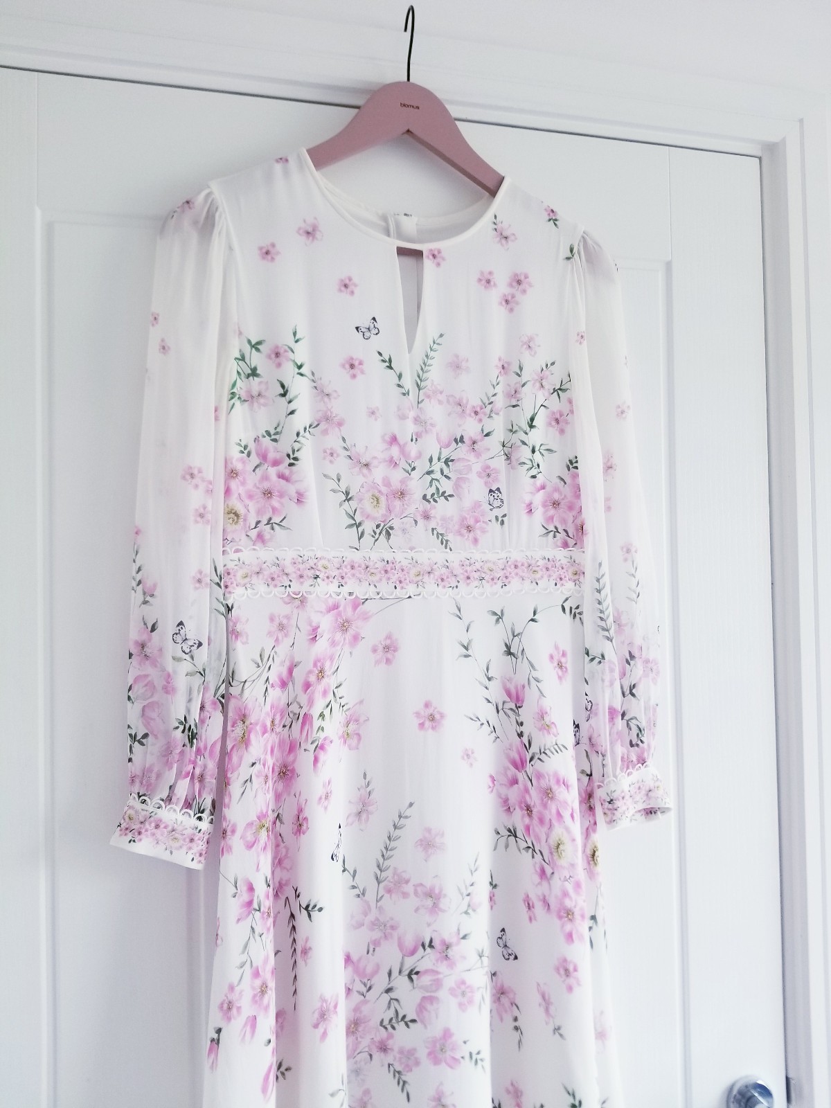 Hobbs Skye Floral Print Pure Silk Midi Dress Ivory Pink Size UK 10 Petite (8-10)
