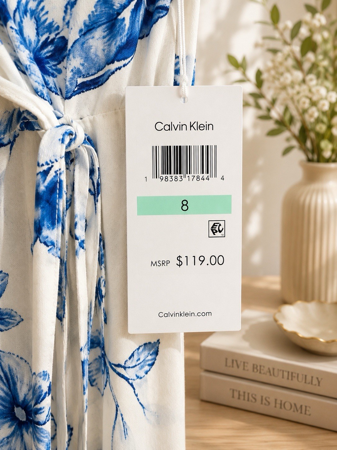 Calvin Klein – Floral Blue and White Wrap Midi Dress Size 8 – New with tags