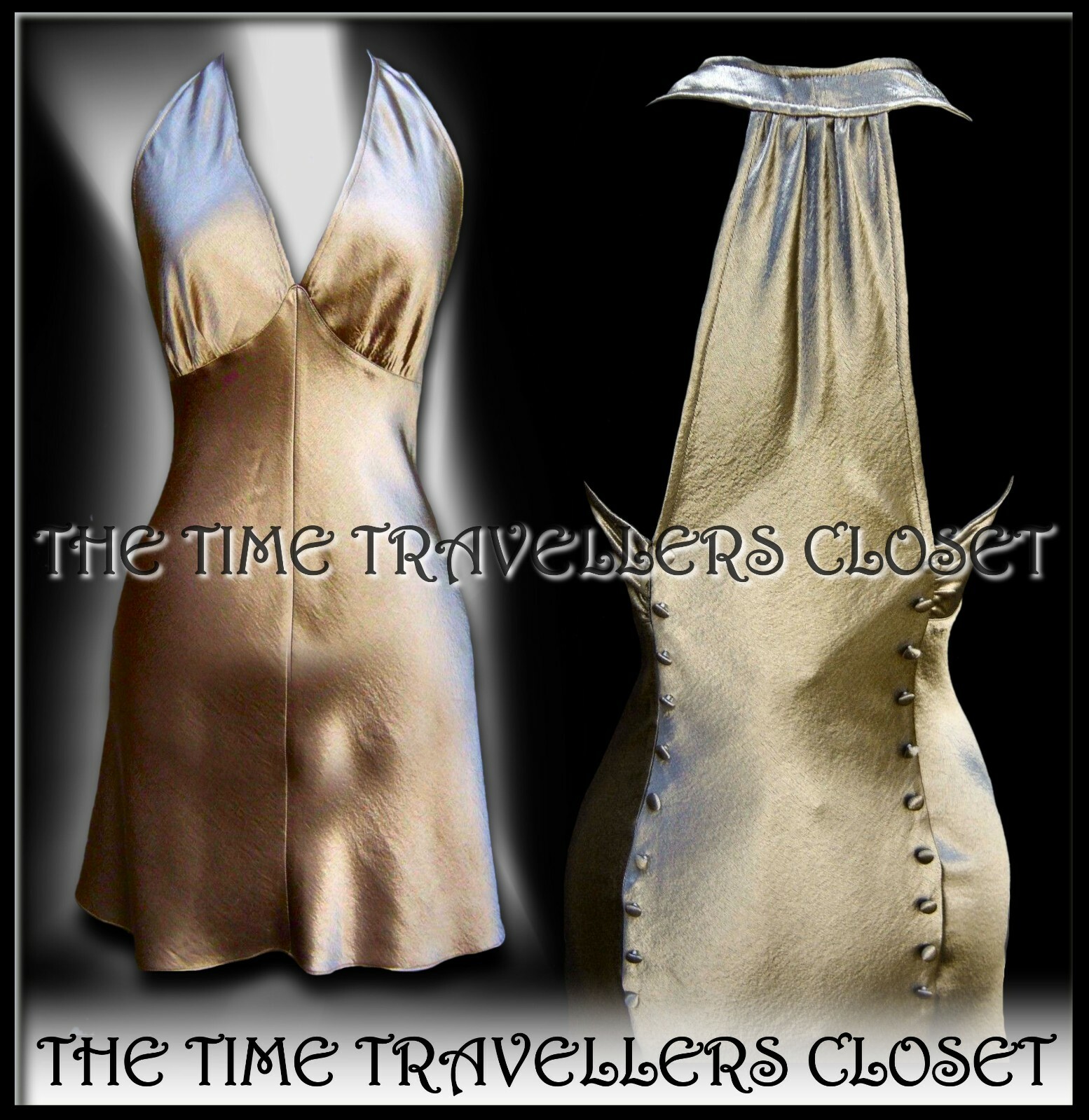 KATE MOSS TOPSHOP SILVER GOLD SATIN BIAS MINI DRESS 30s OLD HOLLYWOOD UK 10 38 6