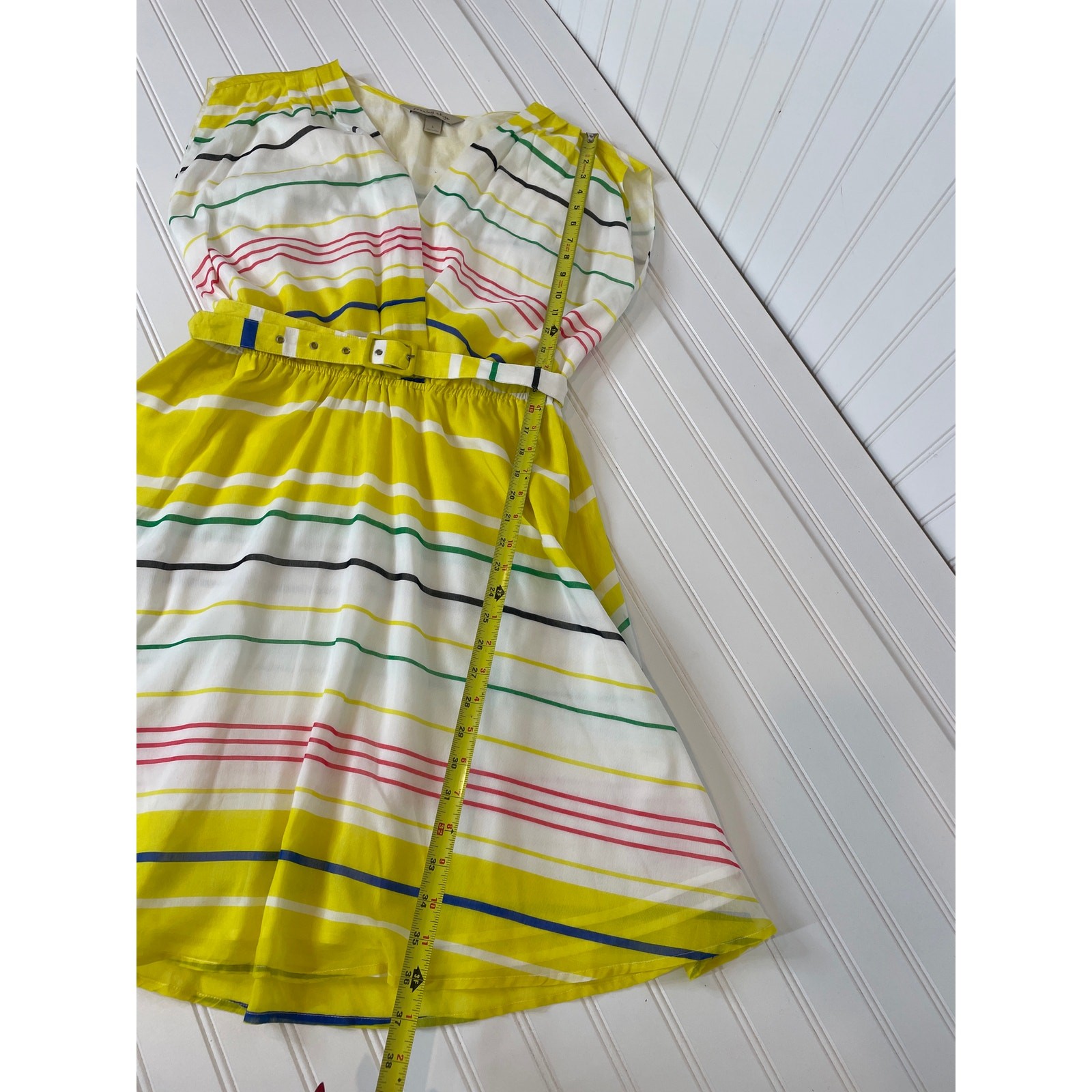 Presley Skye Sloane Belted Silk Blend Stripe Dress Mini Yellow White Pink Size L