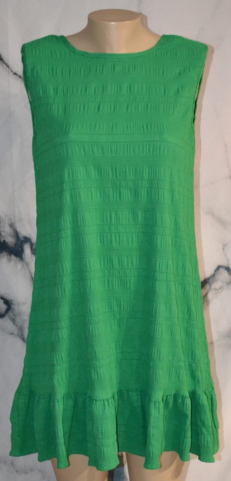 SHEIN Green Crinkle Stripe Sleeveless Tie Back Swing Dress 6 Unlined Ruffle Hem