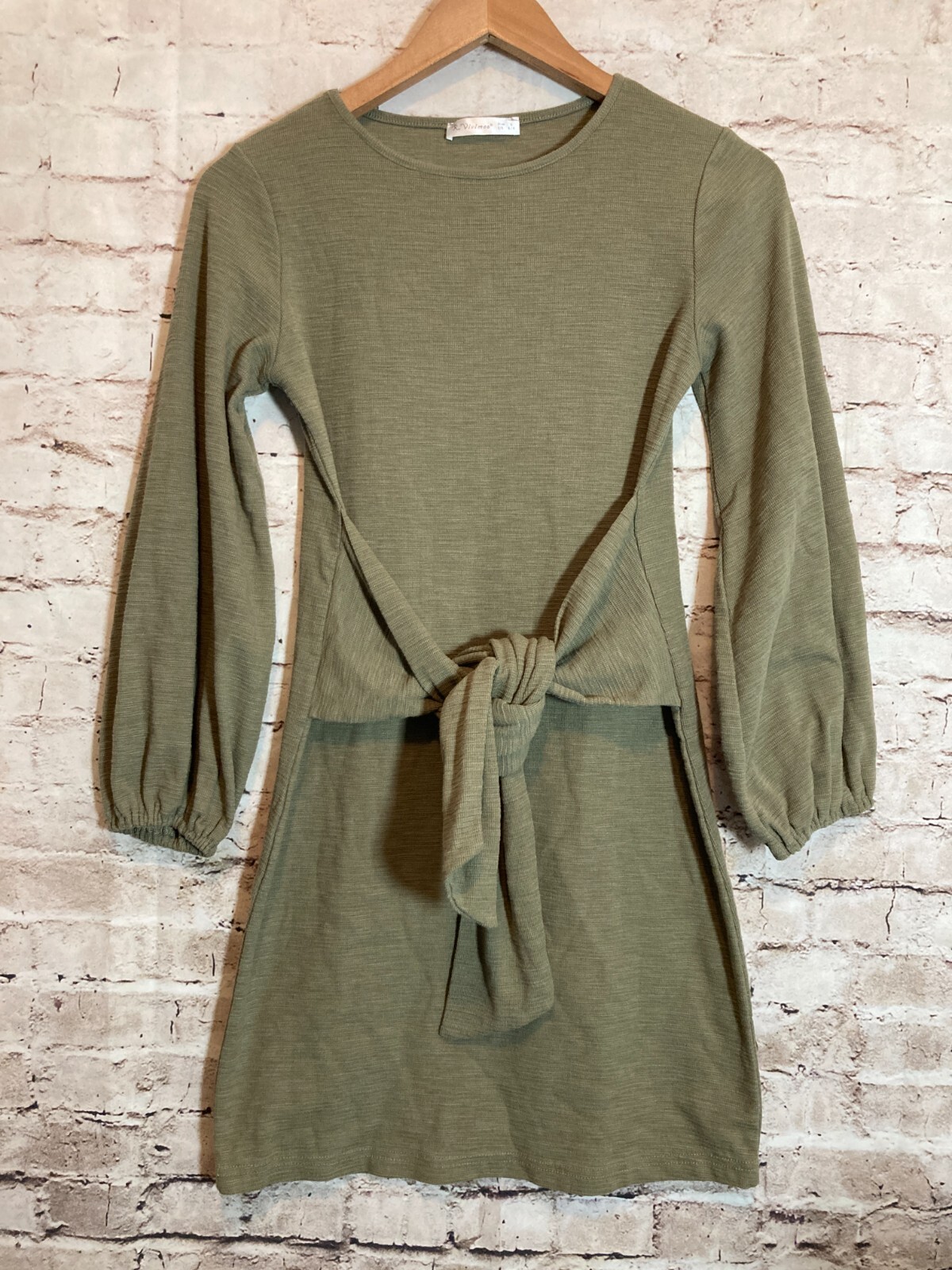 R. Vivimos Dress Womens Small Mustard Muted Green Front Balloon Sleeve Textured