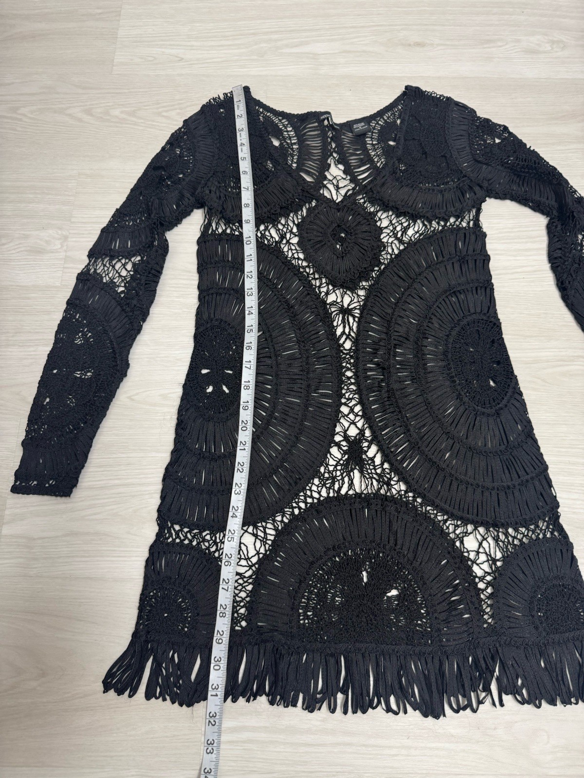 Moda International Black Crochet Mesh Mini Dress Small Boho Hippie Swim Cover Up