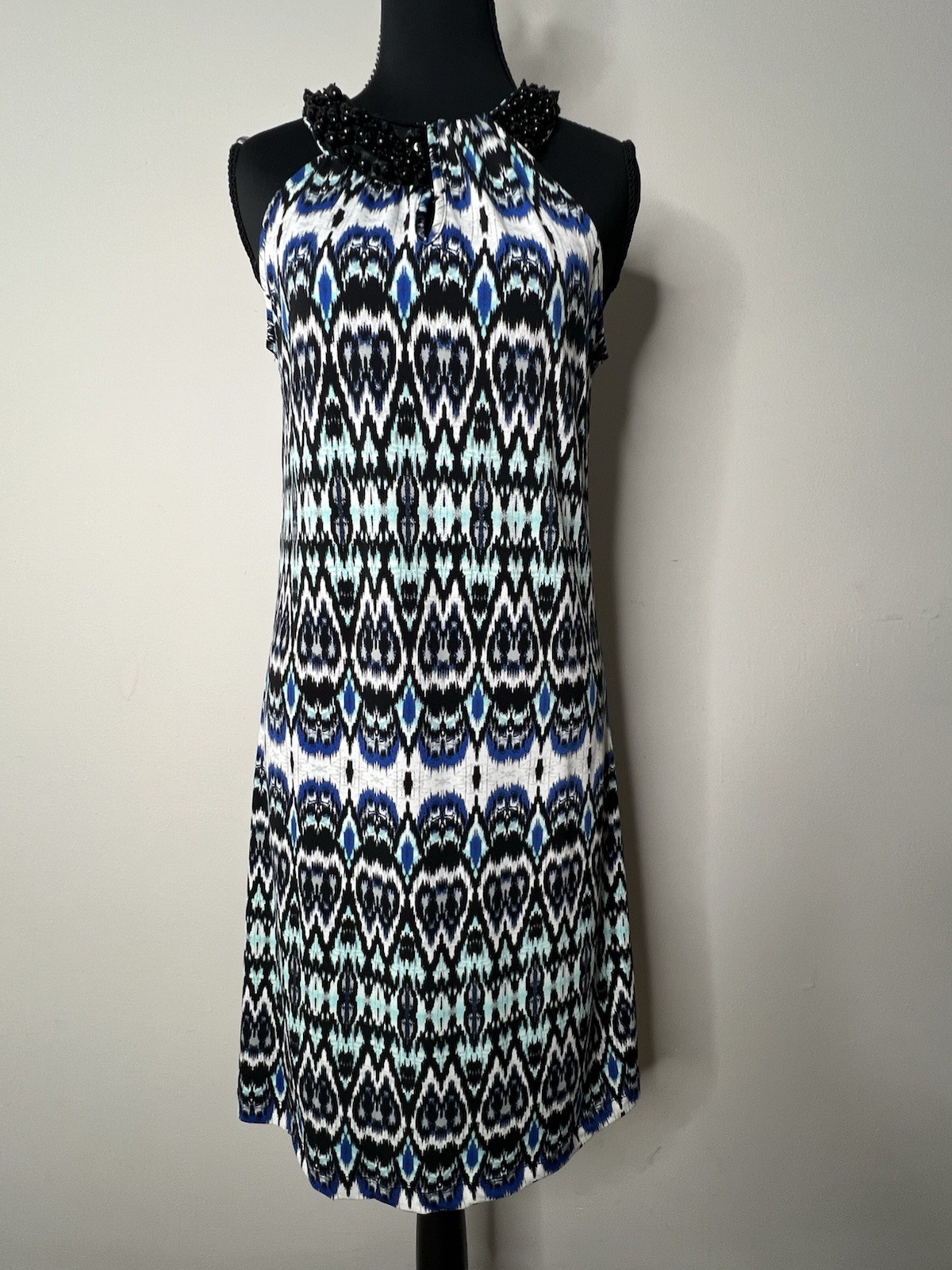 New Directions Ikat Belk Blue Green Ikat Halter Dress Beaded Collar Small Belk