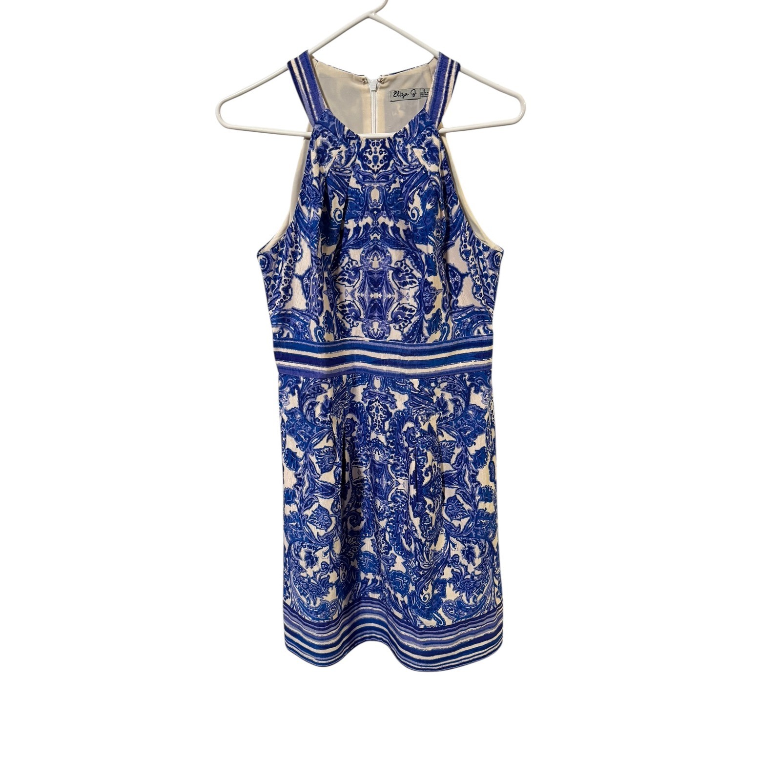 Eliza J Size 8 Blue White Pattern Halter Neck Mini Dress