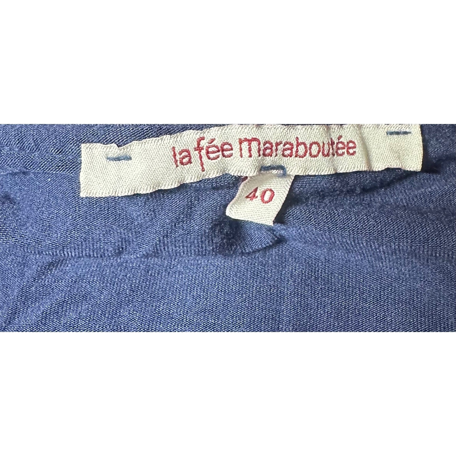 La Fee Maraboutee Silk Navy Blue Mini Dress Elastic Waist Metallic Trim Size 40