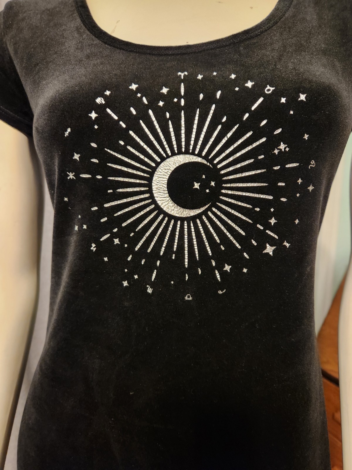 Celestial sun moon and stars Black Velvet Mini Dress Juniors Sz 3-5