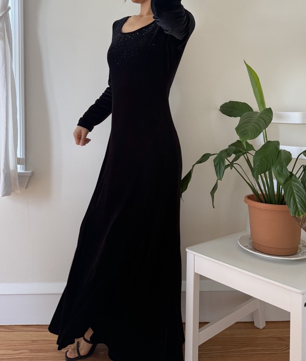 Vintage J R Nites By Caliendo Black Velvet Embellished Whimsygoth Dress Size S