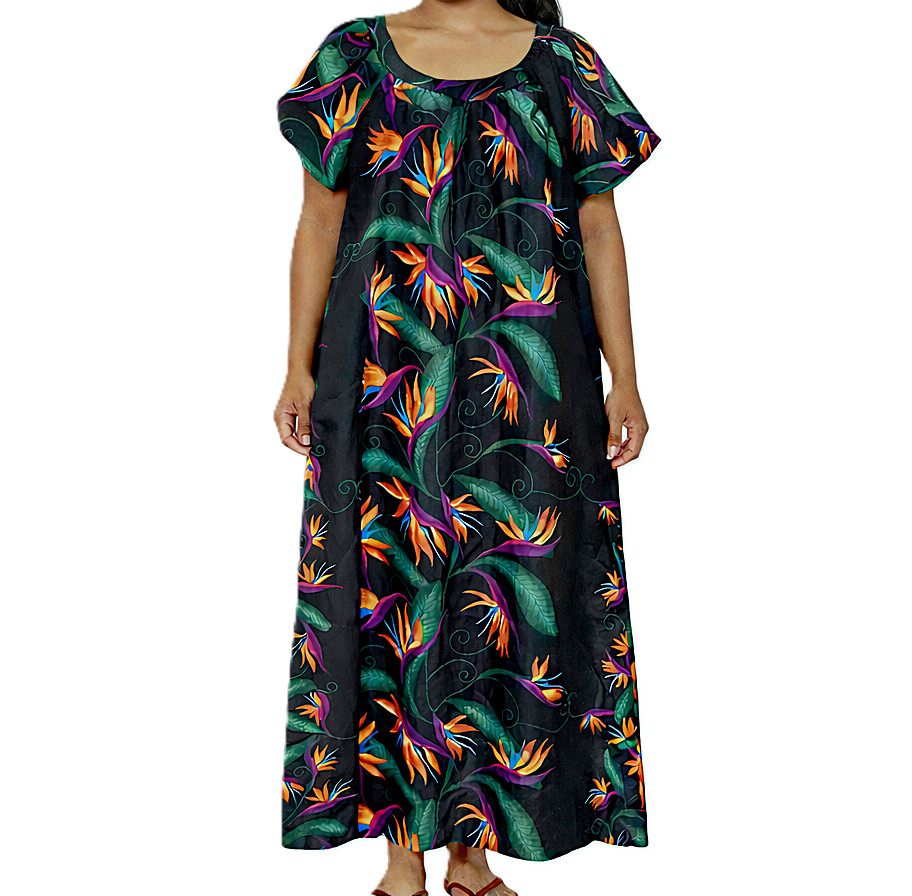 Hilo Hattie Hawaiian Muumuu Dress Women Medium Side Pocket Maxi Bird Of Paradise