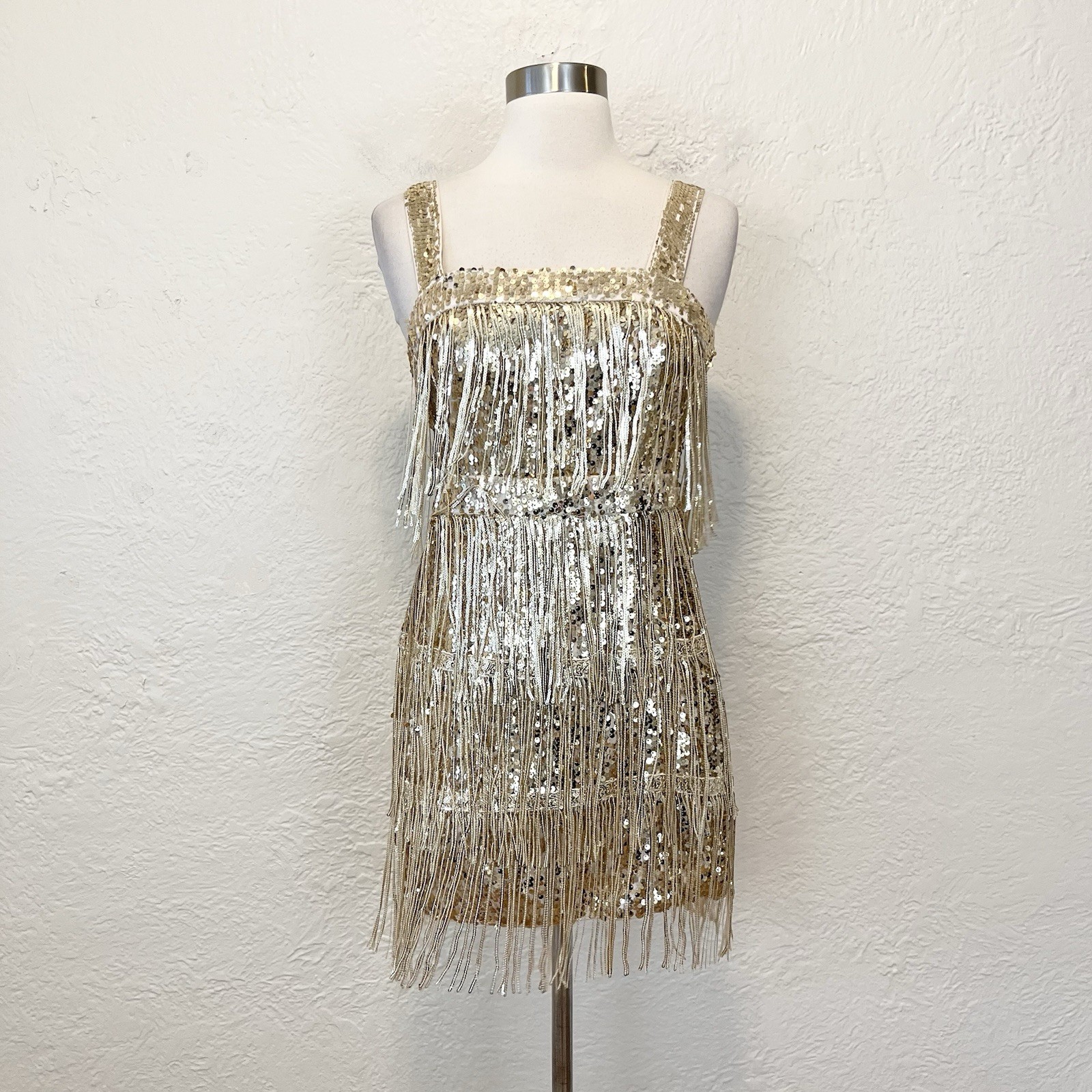 Lulus Dress Mini Gold Sequin Fringe Bodycon Party XS