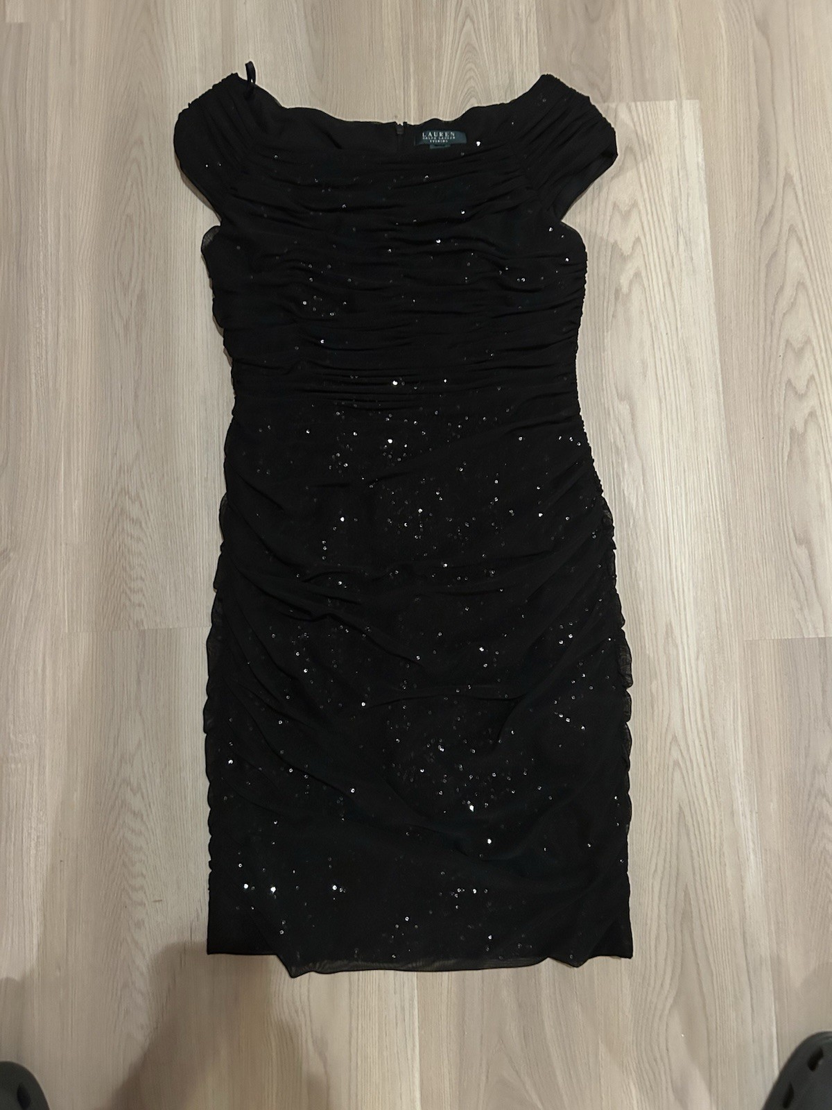 Lauren Ralph Lauren Evening Black Ruched Sequin Cocktail Dress Size 2-4 XS LBD