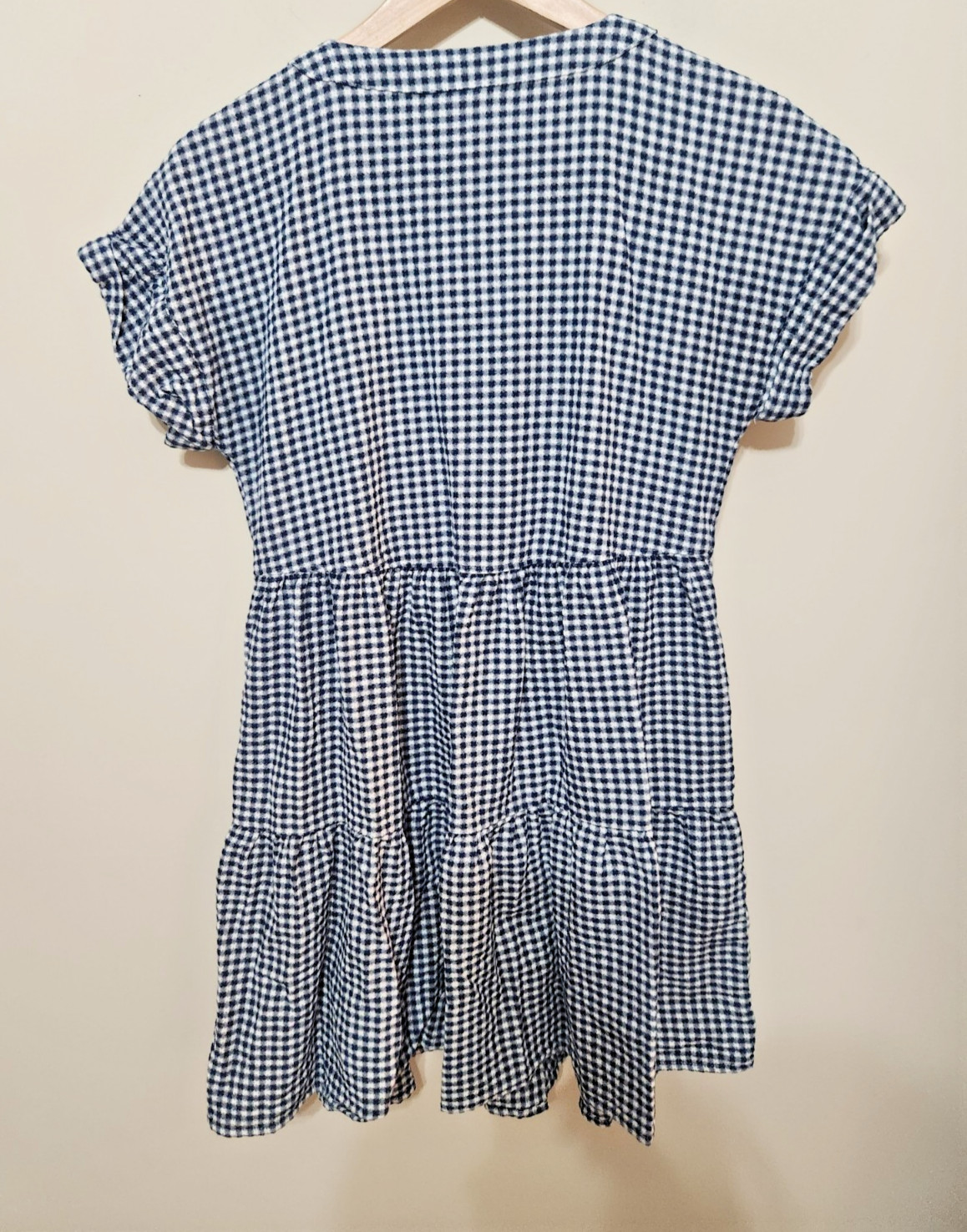 Madewell Gingham Tiered Mini Dress Blue White Cuff Sleeve Button Front XS