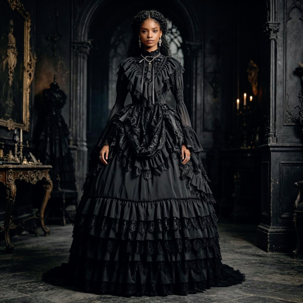 Gothic Black Prom Dresses Medieval Victorian Tier Column Ruffles Lace for Party
