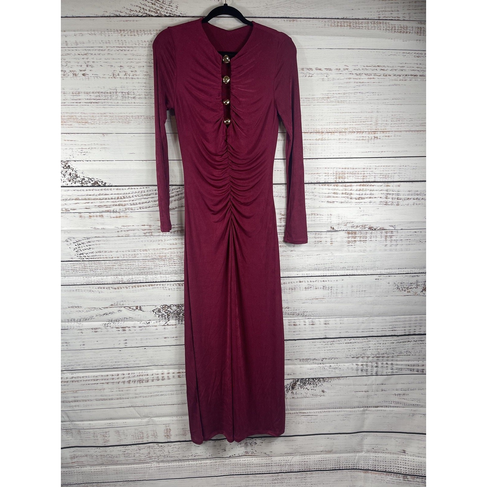 COMMENSE Dress Women’s Medium Red Ruched Bodycon Maxi Long Sleeve Buttons Party