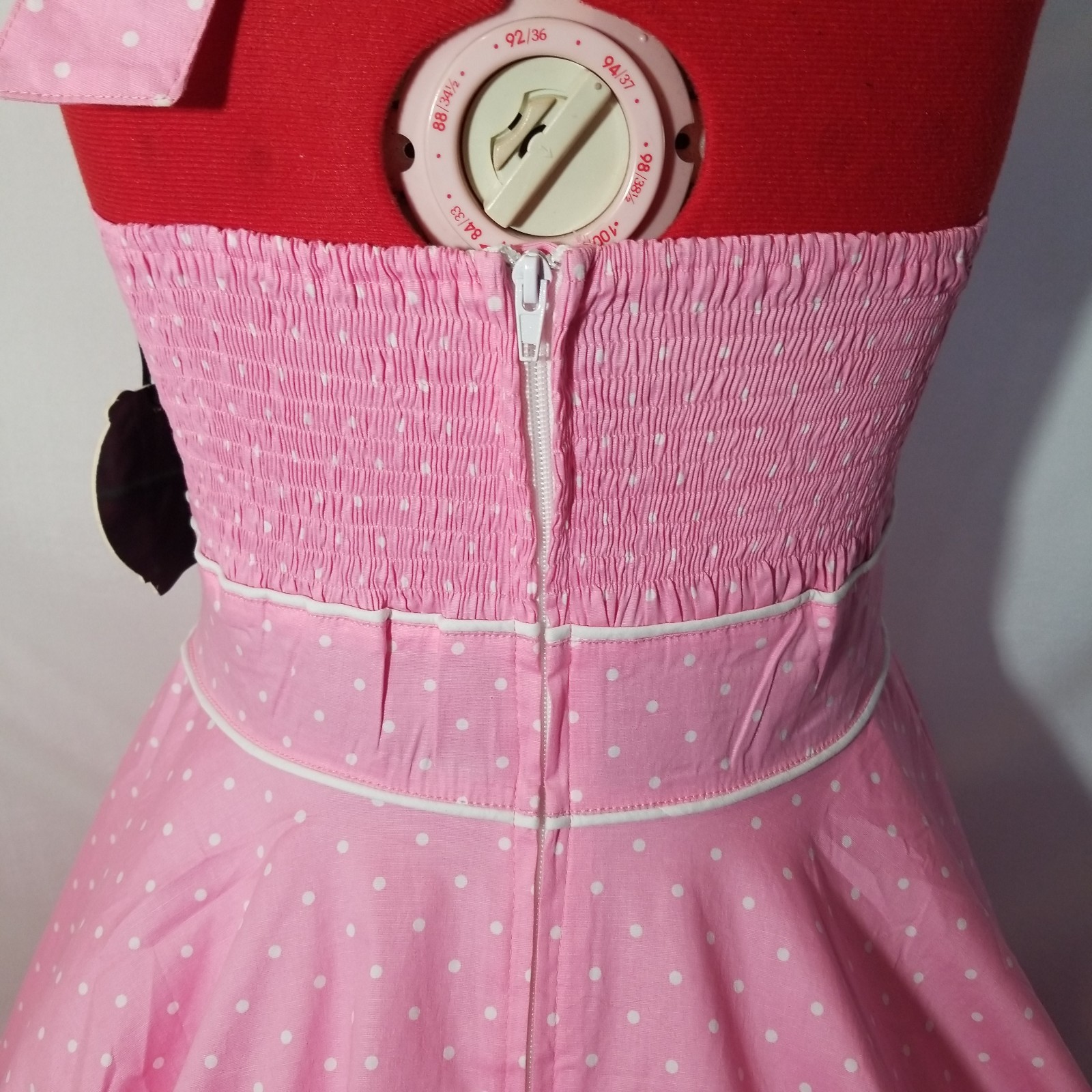 SMALL FLAWS Hell Bunny L Pink & White Polka Dots Halter Dress Rockabilly #2