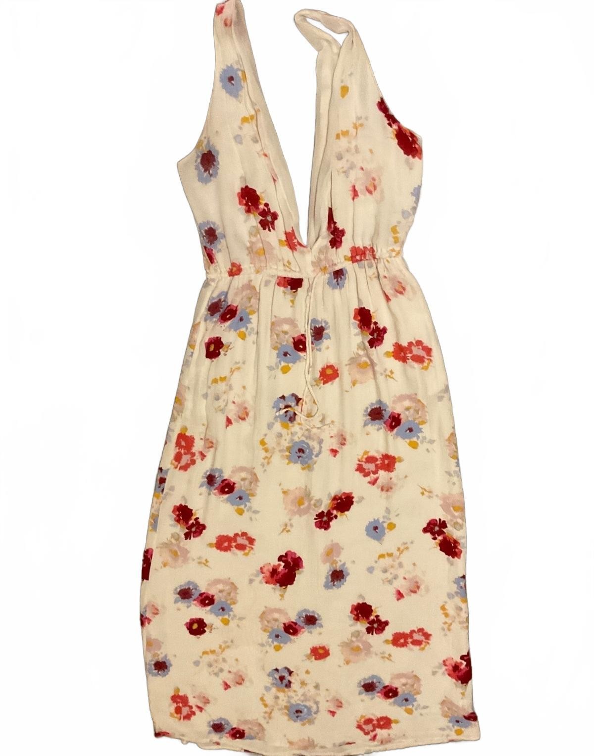 Cream Floral Sleeveless Midi Dress with Deep V-Neck