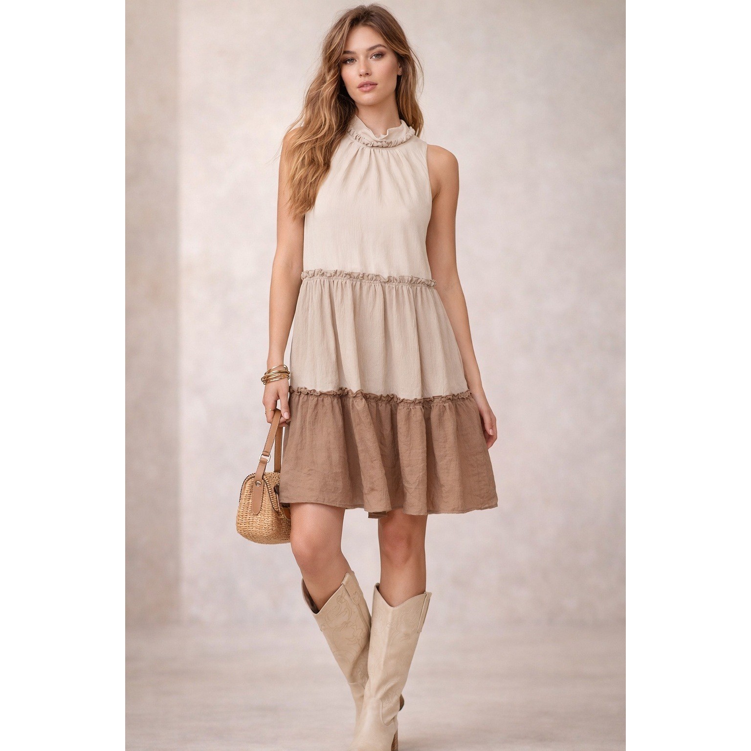One One Six Dress Womens M Neutral Tiered Boho Cottagecore Whimsical Coquette