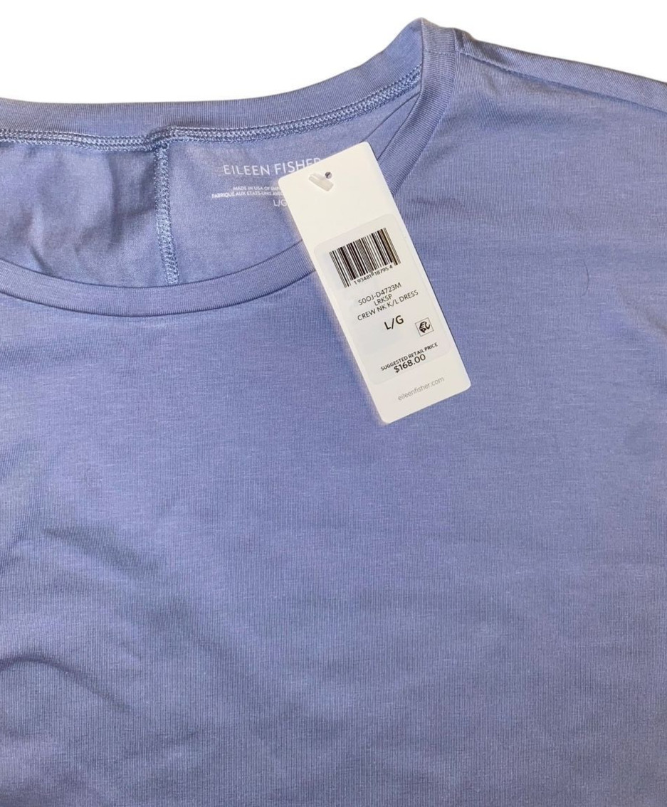 Eileen Fisher large larkspur $168 crew neck stretch jersey cotton dress nwt l