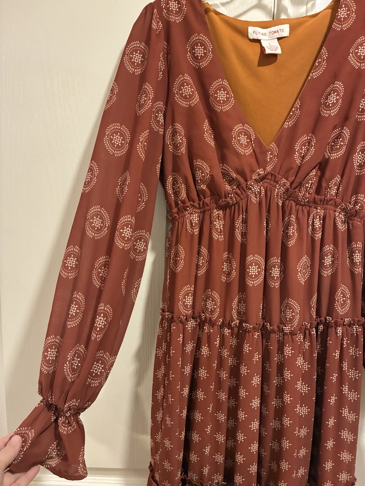 Flying Tomato Rust Brown Bohemian Maxi Dress V-Neck Lined Ruffle Small