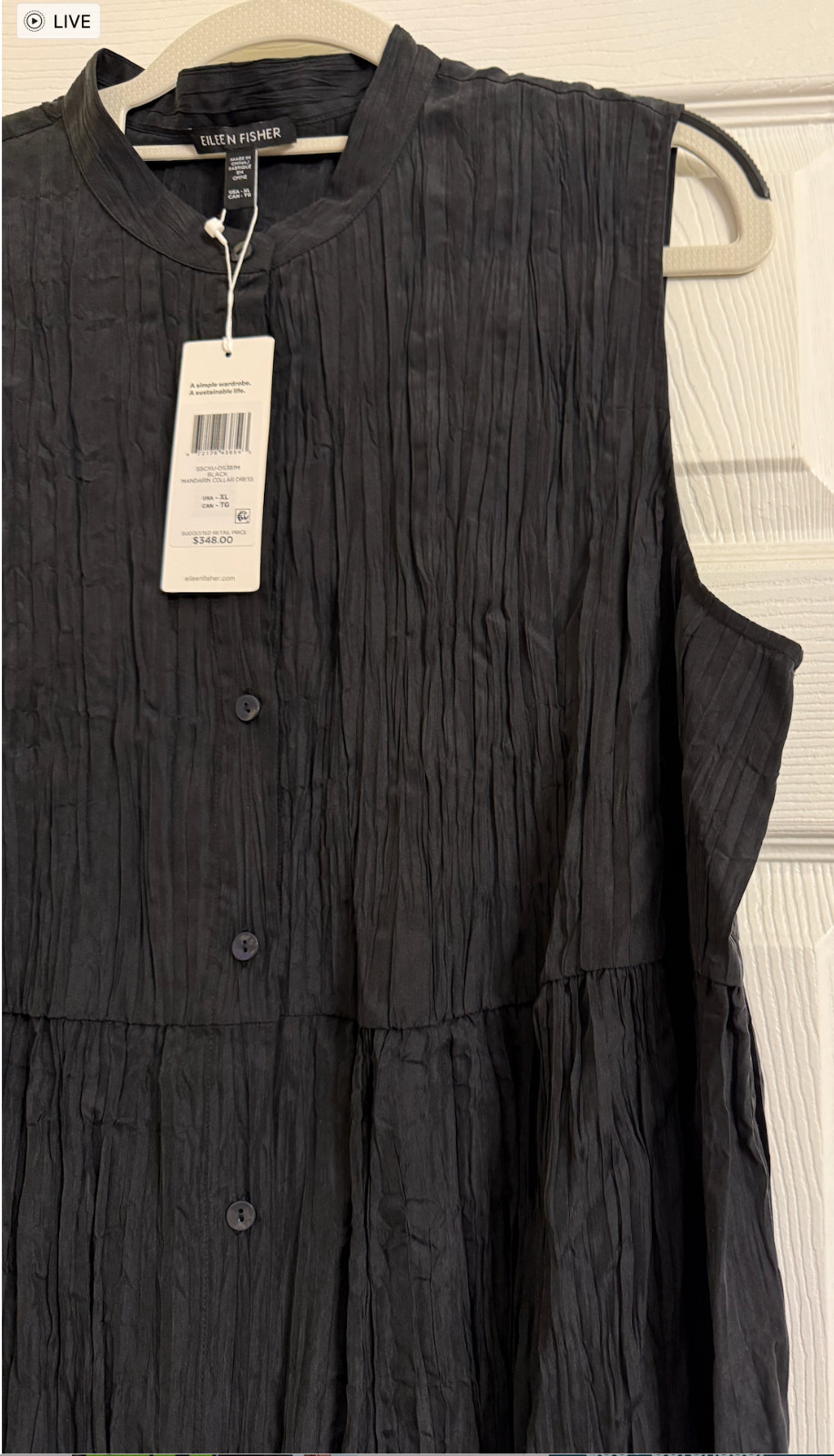 NWT $348 Eileen Fisher Black Crinkle Silk Habutal Mandarin Collar Dress M L XL