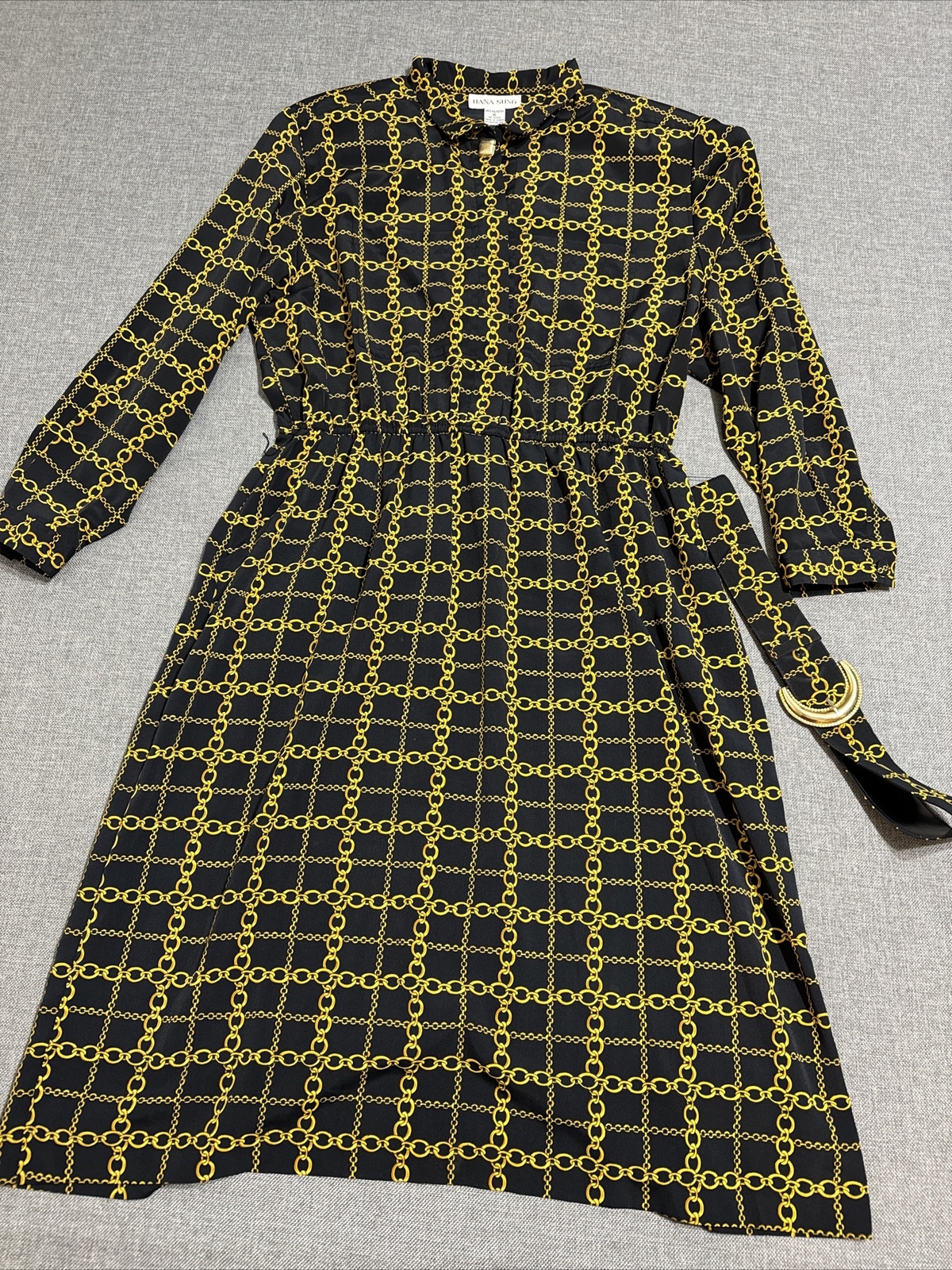 Vtg Hana Sung Dress Womens 16 A-Line Midi Length Modest Belt Chain Black r2