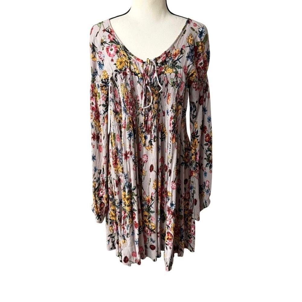 Anama Blush Floral Mini Dress Smocked Tie Neck Boho Peasant Flowy Cottagecore M