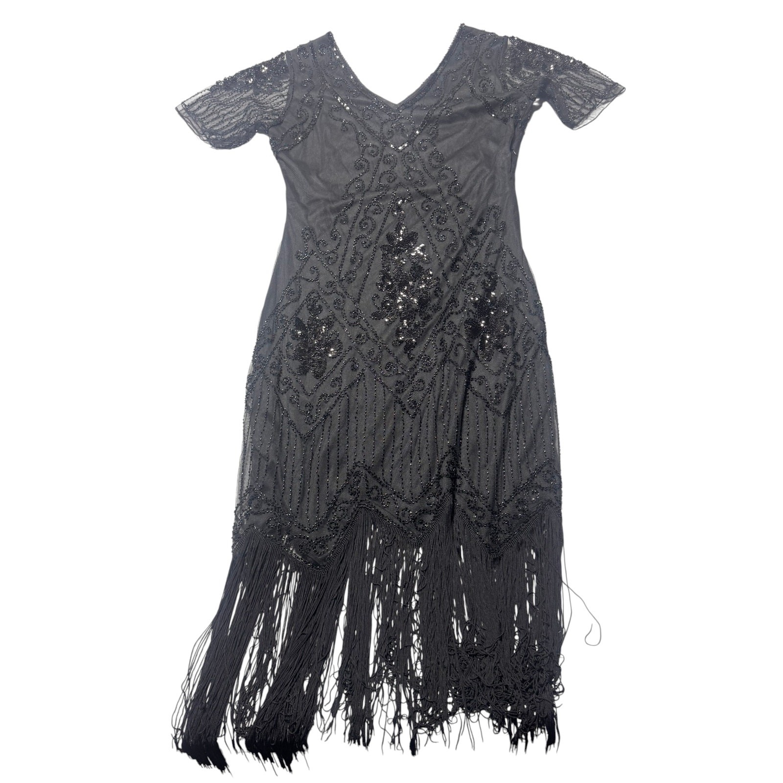 Babeyond Flapper Dress Womens L Black Beaded Sequin 1920s Great Gatsby Fringe