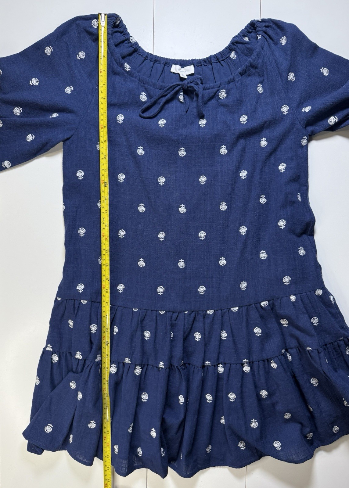 A Loves A XS Navy Blue Embroidered Cotton Peasant Dress Lined Pockets Boho puff